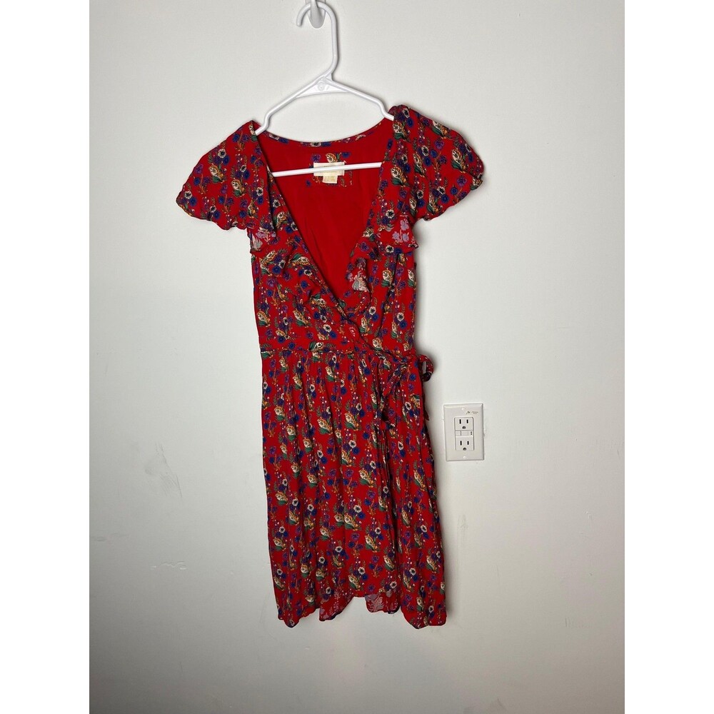 Maeve by Anthropologie Dress Womens 4 Red Floral Wrap Ruffle Short Sleeve Midi